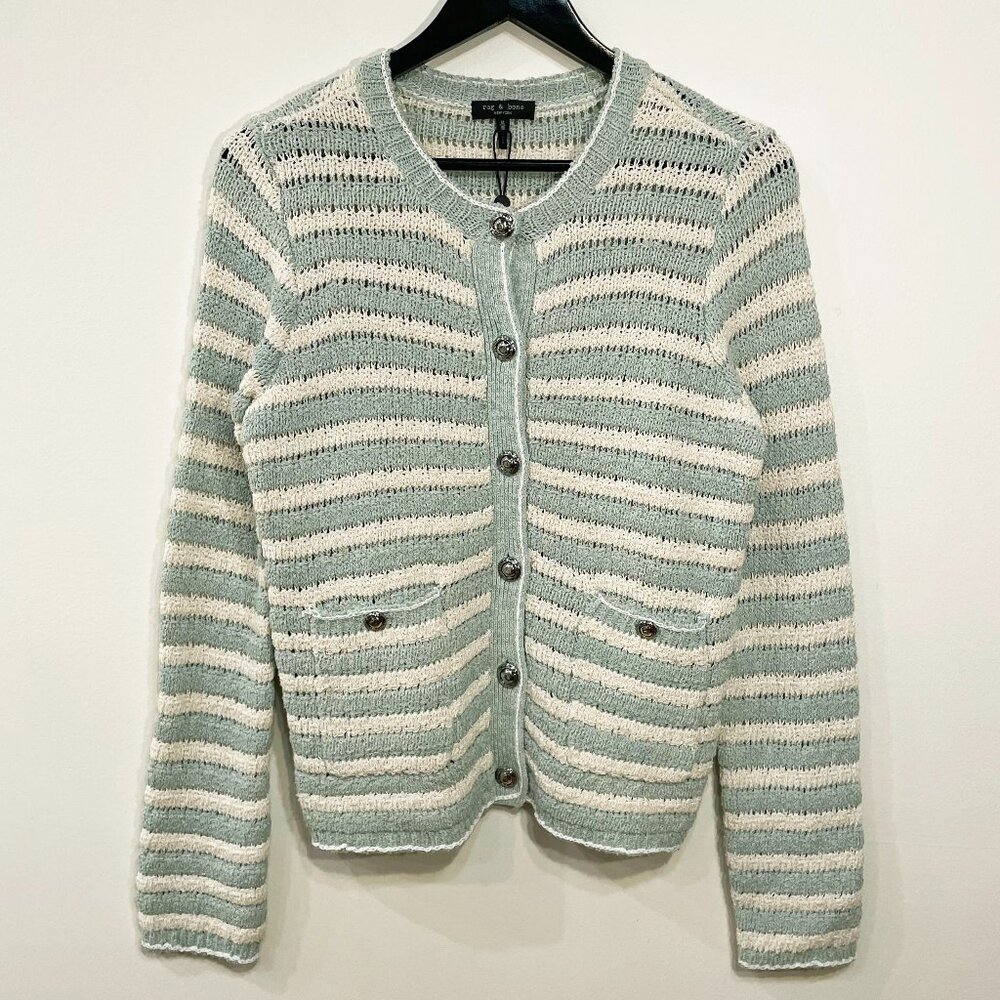 New Rag & Bone Jace Striped Cotton Lady Cardigan Green Cream M $398 - Picture 4 of 8